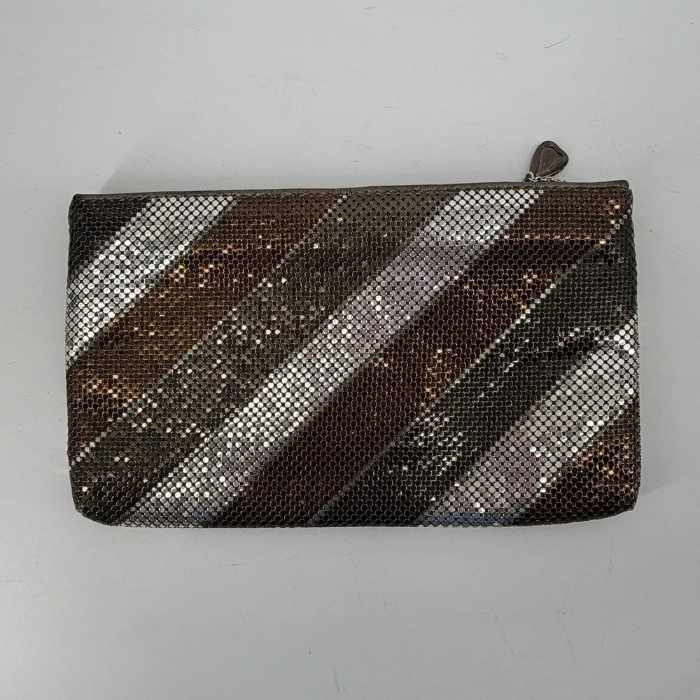 Whiting and Davis Metallic Mesh Striped Zip Clutch Bag Silver Bronze Gunmetal